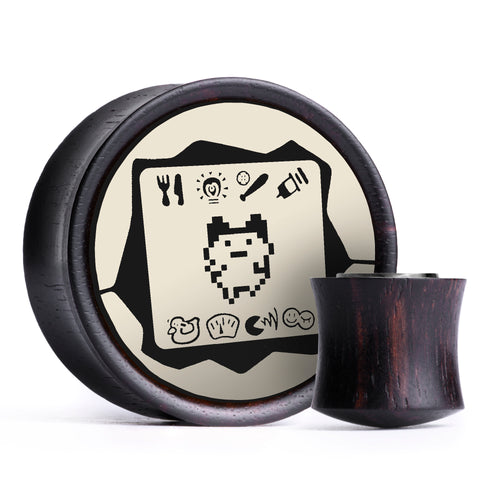 Tamagotchi Plug / Gauge - Ivory & Black Inlay Ebony Wood | Convex Double Flare