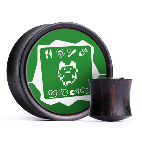 Tamagotchi Plug / Gauge - Green & White Inlay Ebony Wood | Convex Double Flare