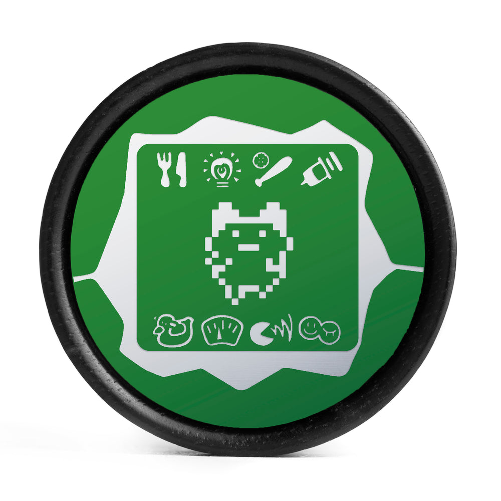 Tamagotchi Plug / Gauge - Green & White Inlay Ebony Wood | Convex Double Flare - Lasered To Order In House At Custom Plugs HQ