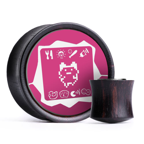 Tamagotchi Plug / Gauge - Pink & White Inlay Ebony Wood | Convex Double Flare
