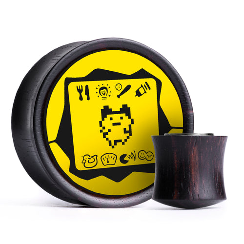 Tamagotchi Plug / Gauge - Yellow & Black Inlay Ebony Wood | Convex Double Flare