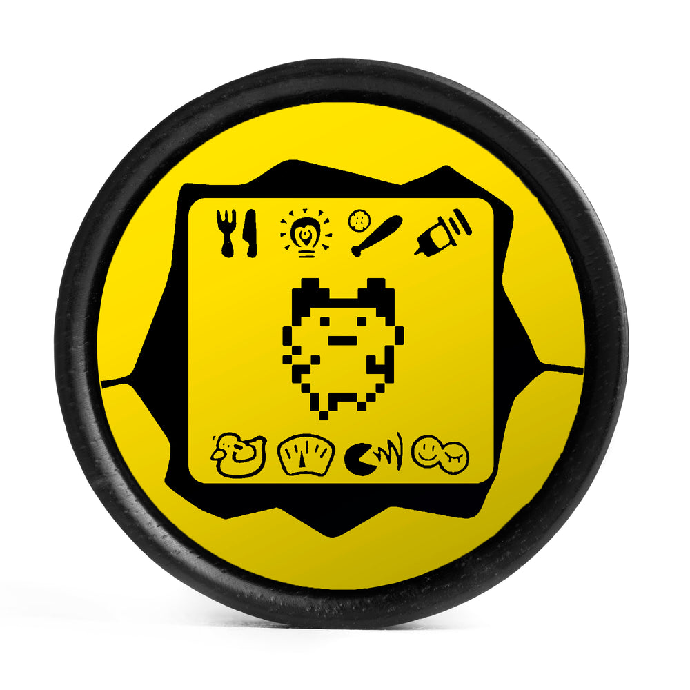 Tamagotchi Plug / Gauge - Yellow & Black Inlay Ebony Wood | Convex Double Flare - Lasered To Order In House At Custom Plugs HQ