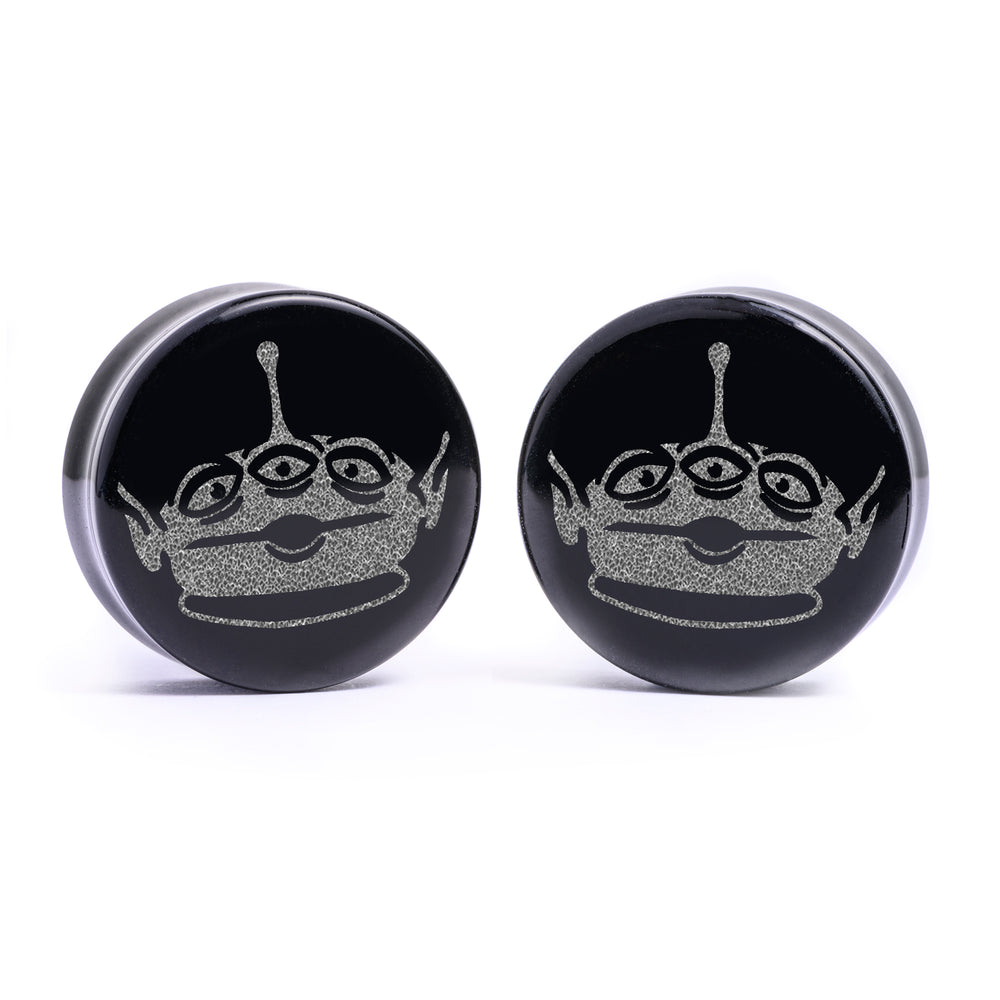 Alien Toy Story Plug / Gauge - Black Glass | Flat Faced Double Flare - Lasered To Order In House At Custom Plugs HQ