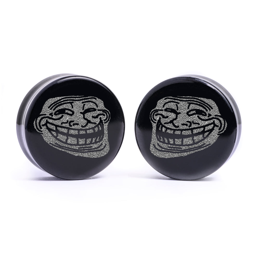 Troll Face Plug / Gauge - Black Glass | Flat Faced Double Flare - Lasered To Order In House At Custom Plugs HQ
