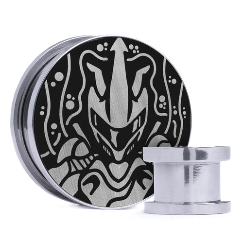 Armoured Mewtwo - Brushed Silver & Black Inlay Steel Screw Back / Plug / Gauge