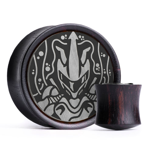 Armoured Mewtwo Plug / Gauge - Silver & Black Inlay Ebony Wood | Convex Double Flare