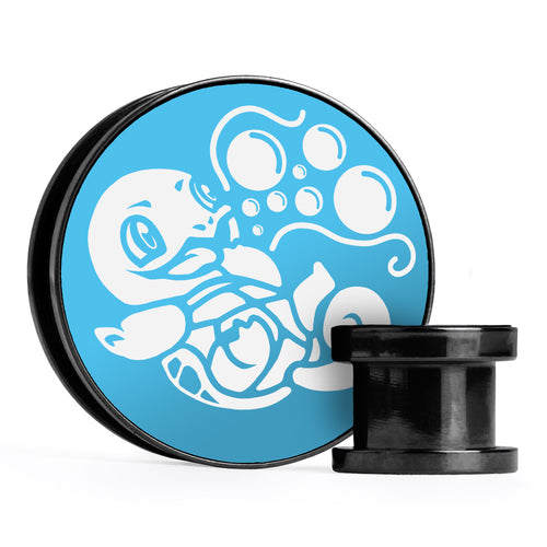 Bubble Beam Squirtle - Light Blue & White Inlay Screwback Black Steel Ear Stretching Plug