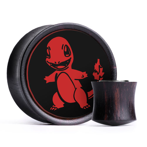 Charmander Plug / Gauge - Black & Red Inlay Ebony Wood | Convex Double Flare