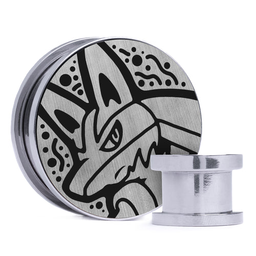 Lucario - Brushed Silver & Black Inlay Steel Screw Back / Plug / Gauge