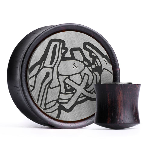 Metagross Plug / Gauge - Silver & Black Inlay Ebony Wood | Convex Double Flare