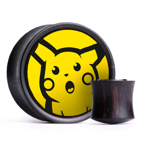 Surprised Pikachu Plug / Gauge - Yellow & Black Inlay Ebony Wood | Convex Double Flare