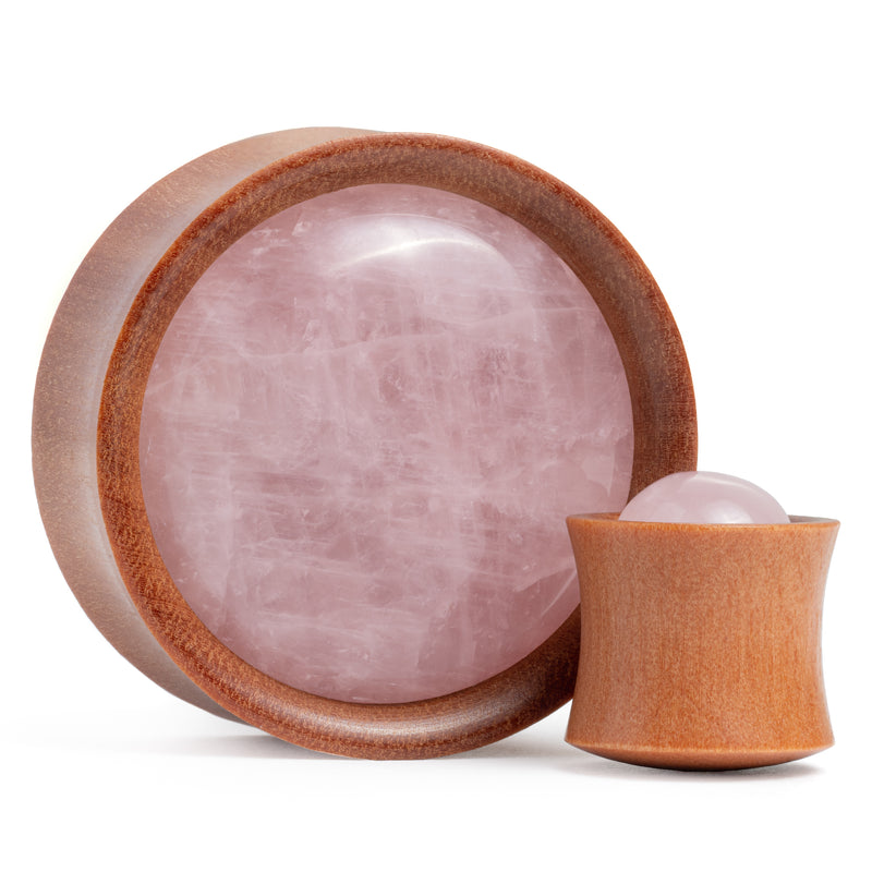 Plug / Gauge d'oreille en bois de Saba incrusté de pierre de quartz rose