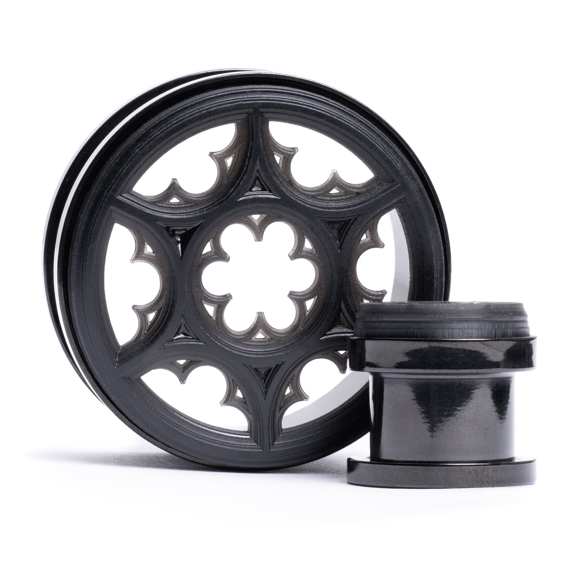Rose Window 3D Black Steel Double Flare Screwback / Tunnel / Gauge