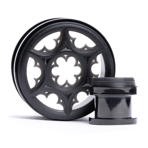 Rose Window 3D Black Steel Double Flare Screwback / Tunnel / Gauge