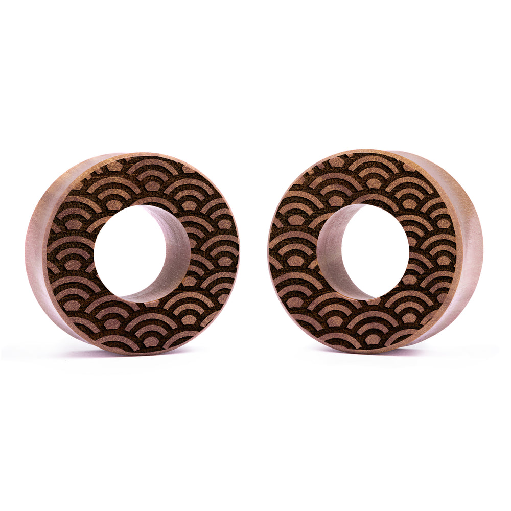 Seigaiha Tunnel Plug / Gauge - Saba Wood | Flat Faced Double Flare - Lasered To Order In House At Custom Plugs HQ