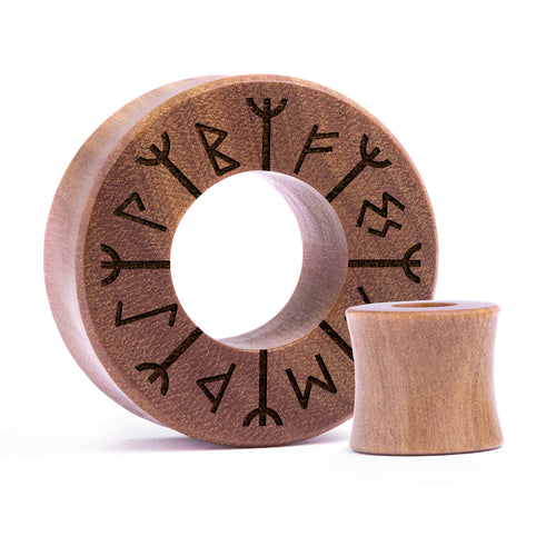 Runic Wheel Tunnel Plug / Gauge - Saba Wood | Flat Faced Double Flare