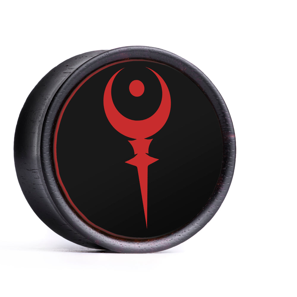 Sigil Of Hades Plug / Gauge - Black & Red Inlay Ebony Wood | Convex Double Flare - Lasered To Order In House At Custom Plugs HQ