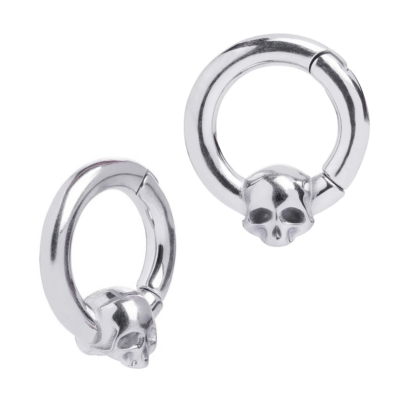Pendants d'oreille anneau crâne en acier argenté - Paire