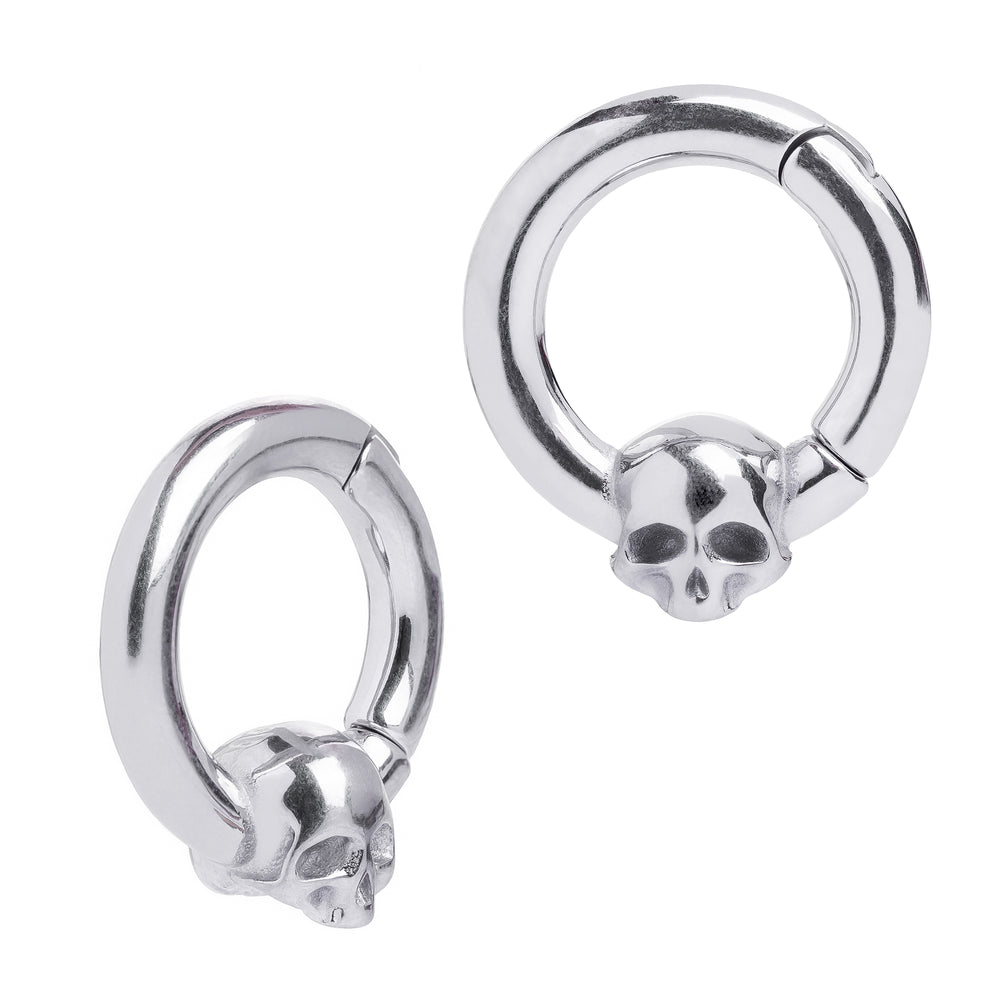 Silver Skull Hoop Ear Hangers - Pair - Pair Of Skull Hoop Silver Ear Hangers for Stretched Ears
