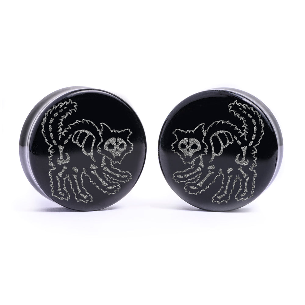 Skelettkatze Plug / Gauge - Schwarzes Glas | Flachgesichtige Doppelflare