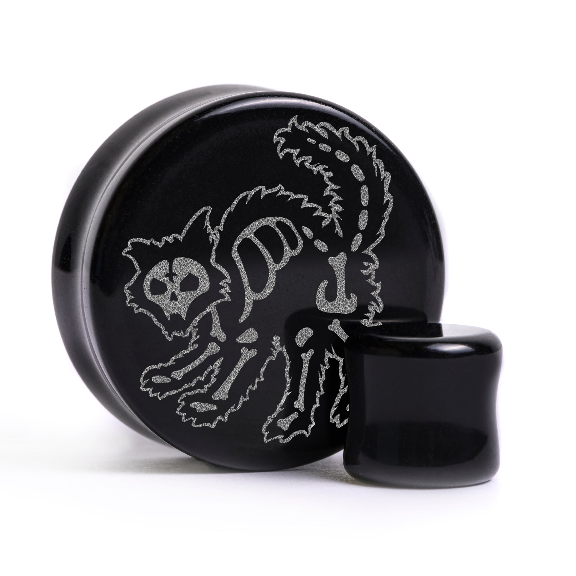 Skeleton Cat Plug / Gauge - Black Glass | Flat Faced Double Flare