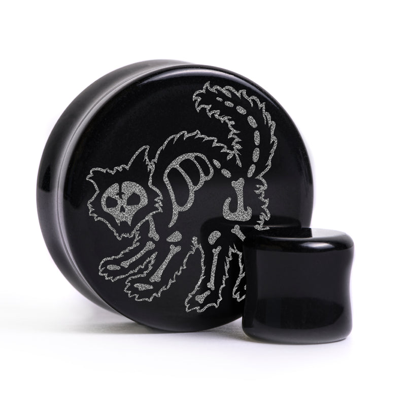 Plug / Gauge Chat squelette - Verre noir | Face plate double évasé