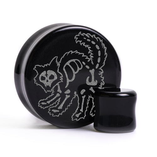 Skelettkatze Plug / Gauge - Schwarzes Glas | Flachgesichtige Doppelflare