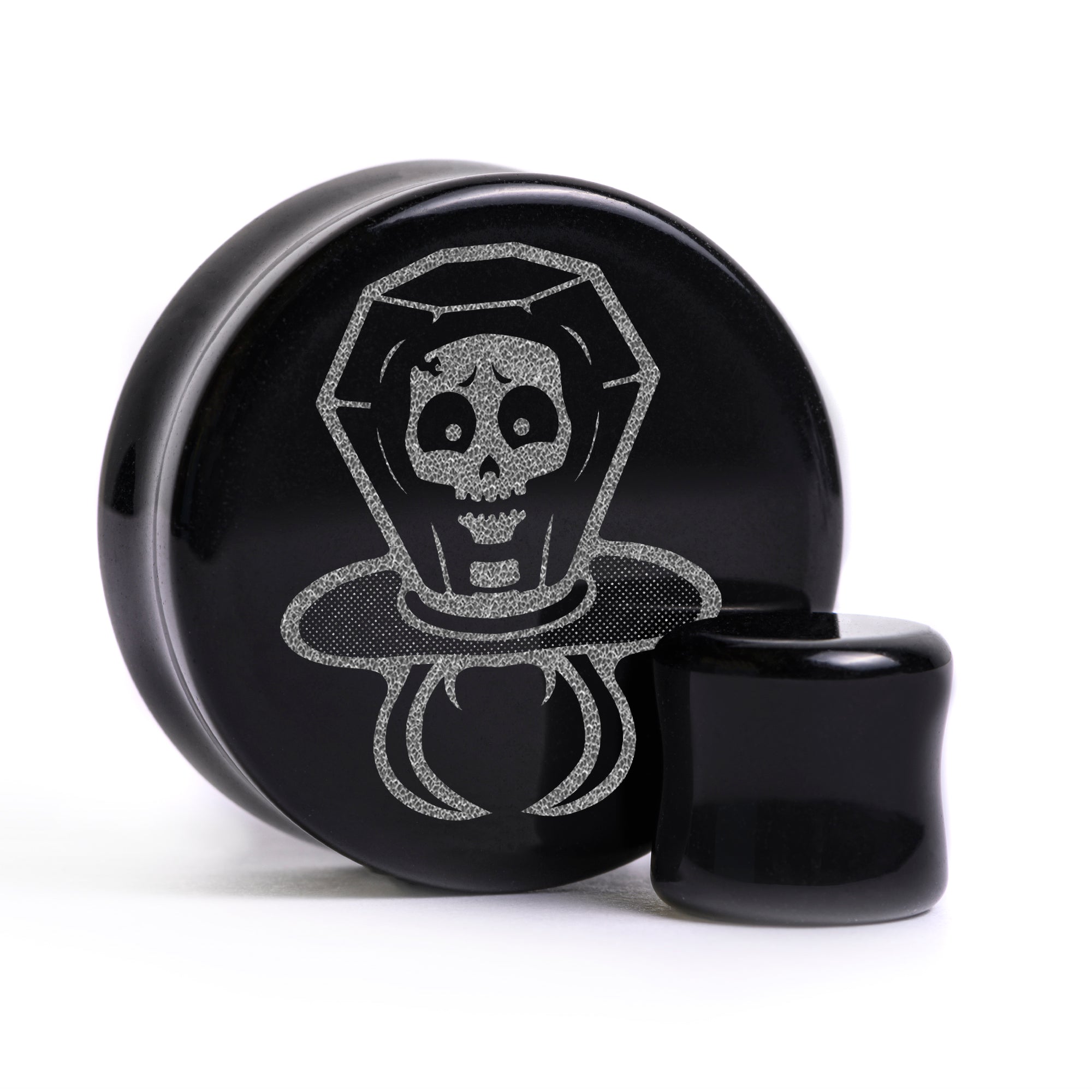Skull Candy Ring Plug / Gauge - Schwarzes Glas | Flach Gesichts Doppelflansch