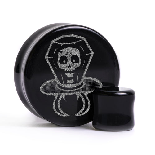 Skull Candy Ring Plug / Gauge - Black Glass | Flat Faced Double Flare
