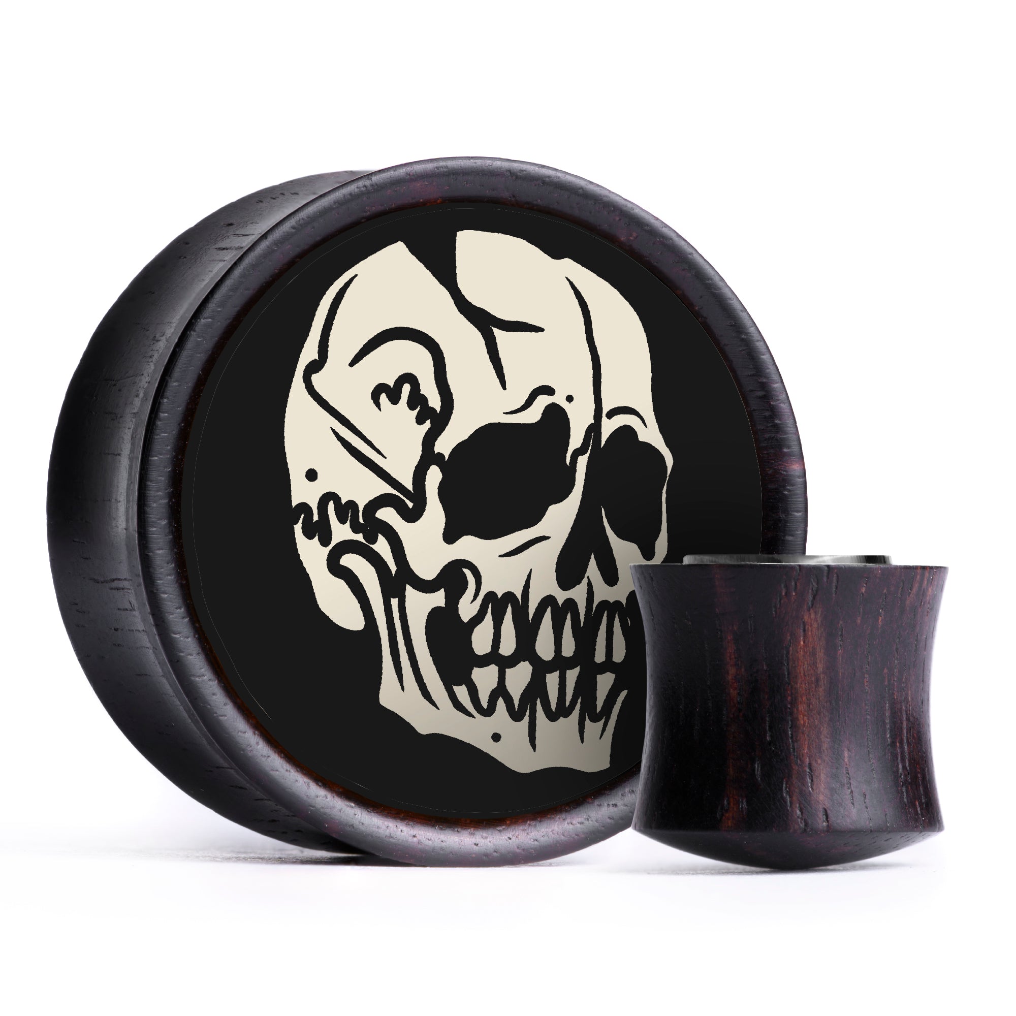 Skull Plug / Gauge - Ivory & Black Inlay Ebony Wood | Convex Double Flare