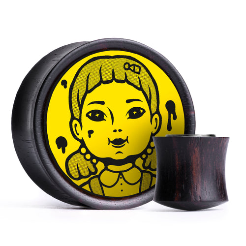 Green Light Red Light - Squid Game  / Plug / Gauge - Yellow & Black Inlay Ebony Wood | Convex Double Flare