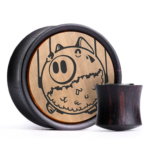 Piggy Bank - Squid Game Plug / Gauge - Gold & Black Inlay Ebony Wood | Convex Double Flare