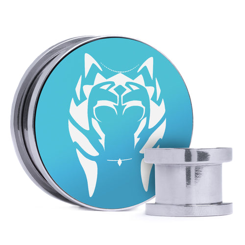 Ahsoka Tano, Light Blue & White Inlay Screwback Double Flare Silver Steel Ear Stretching Plug