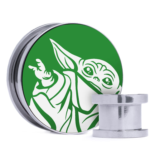 Baby Yoda, Green & White Inlay Screwback Double Flare Silver Steel Ear Stretching Plug