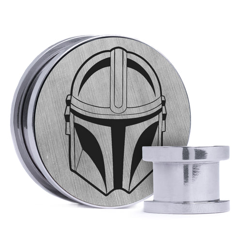 Beskar Steel Helmet, Brushed Silver & Black Inlay Screwback Double Flare Silver Steel Ear Stretching Plug