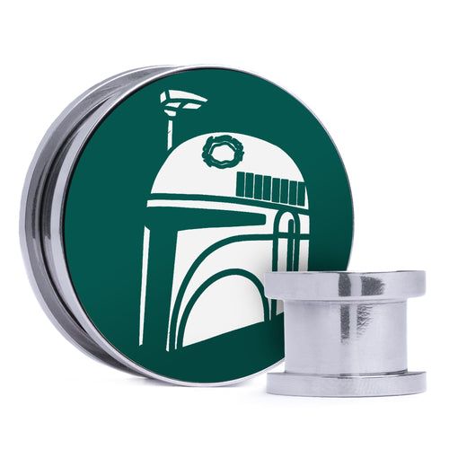 Boba Fett, Evergreen & White Inlay Screwback Double Flare Silver Steel Ear Stretching Plug