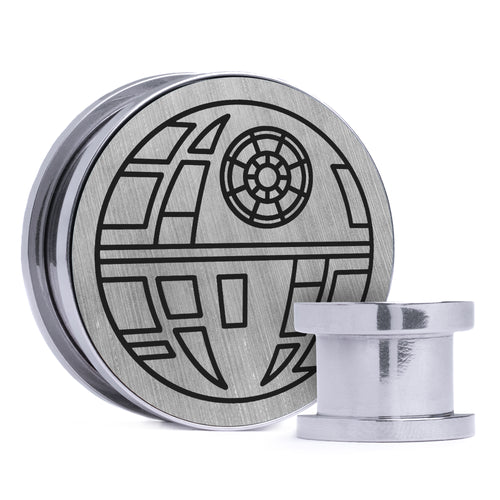Death Star, Brushed Silver & Black Inlay Screwback Double Flare Silver Steel Ear Stretching Plug