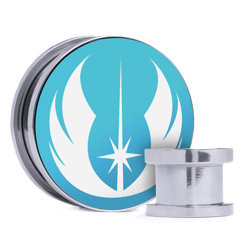 Jedi Order, Light Blue & White Inlay Screwback Double Flare Silver Steel Ear Stretching Plug