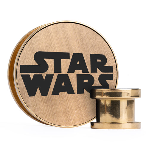 Star Wars Logo, Brushed Gold & Black Inlay Screwback Gold Steel Ear Stretching Plug