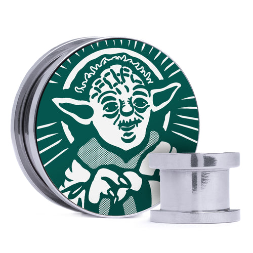 Master Yoda, Evergreen & White Inlay Screwback Double Flare Silver Steel Ear Stretching Plug