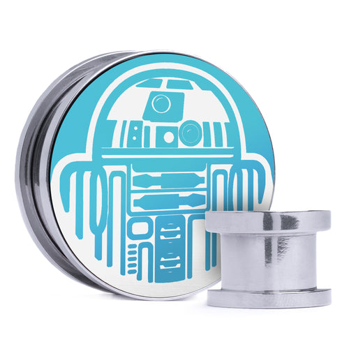 R2D2, Light Blue & White Inlay Screwback Double Flare Silver Steel Ear Stretching Plug