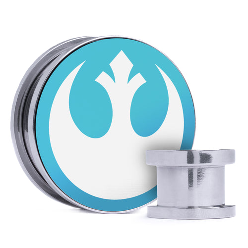Rebel Alliance, Light Blue & White Inlay Screwback Double Flare Silver Steel Ear Stretching Plug