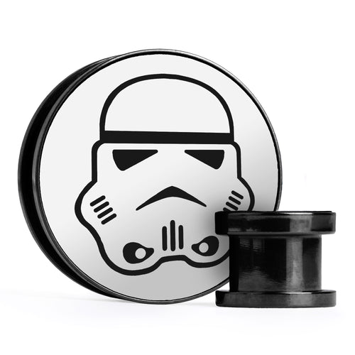 Storm Trooper, White & Black Inlay Screwback Black Steel Ear Stretching Plug