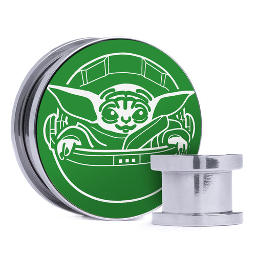 The Child, Green & White Inlay Screwback Double Flare Silver Steel Ear Stretching Plug