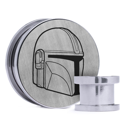 The Mando, Brushed Silver & Black Inlay Screwback Double Flare Silver Steel Ear Stretching Plug