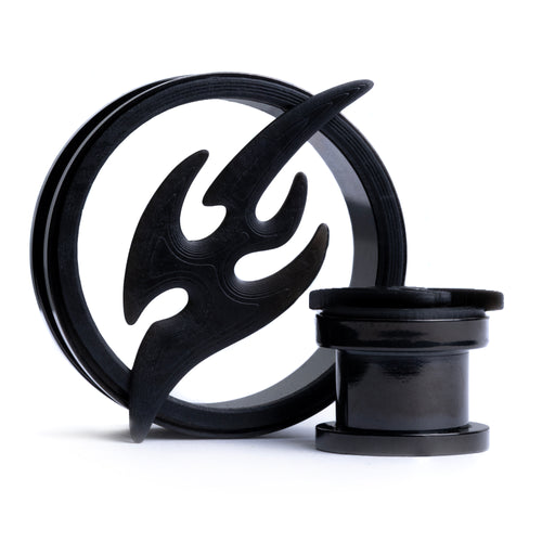 Tribal Flame 3D Black Steel Double Flare Screwback / Tunnel / Gauge
