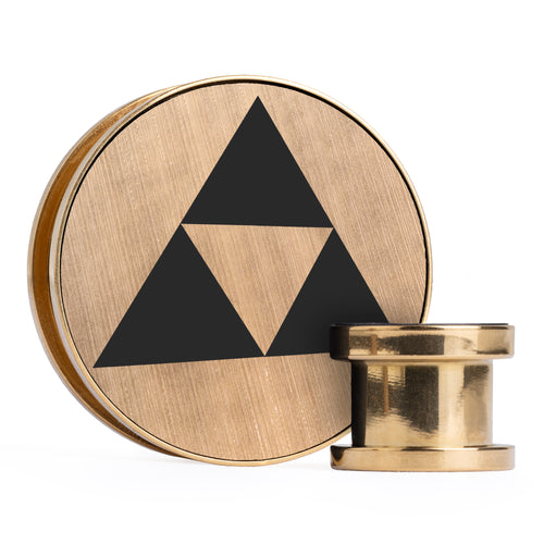 Zelda Triforce, Brushed Gold & Black Inlay Screwback Gold Steel Ear Stretching Plug