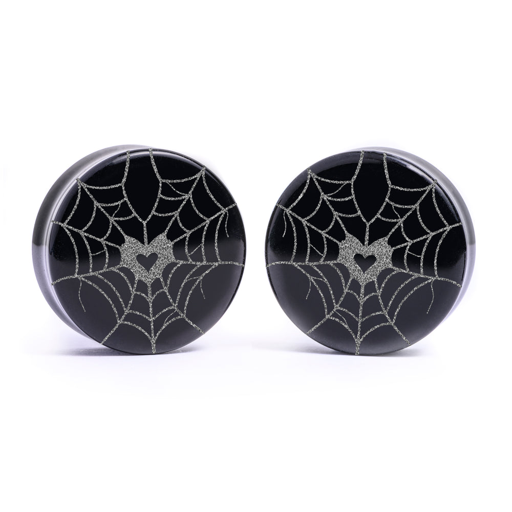Web Heart Plug / Gauge - Schwarzes Glas | Flach Gesichtiges Doppelflare