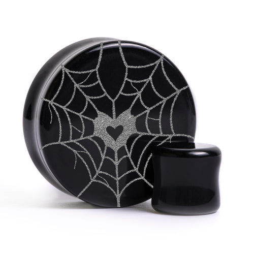 Web Heart Plug / Gauge - Schwarzes Glas | Flach Gesichtiges Doppelflare