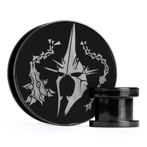 Witch King, Brushed Silver & Black Inlay Screwback Black Steel Ear Stretching Plug